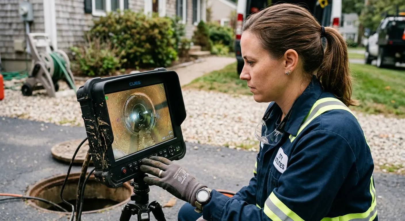 Technician reviewing sewer camera inspection footage in Hiawatha