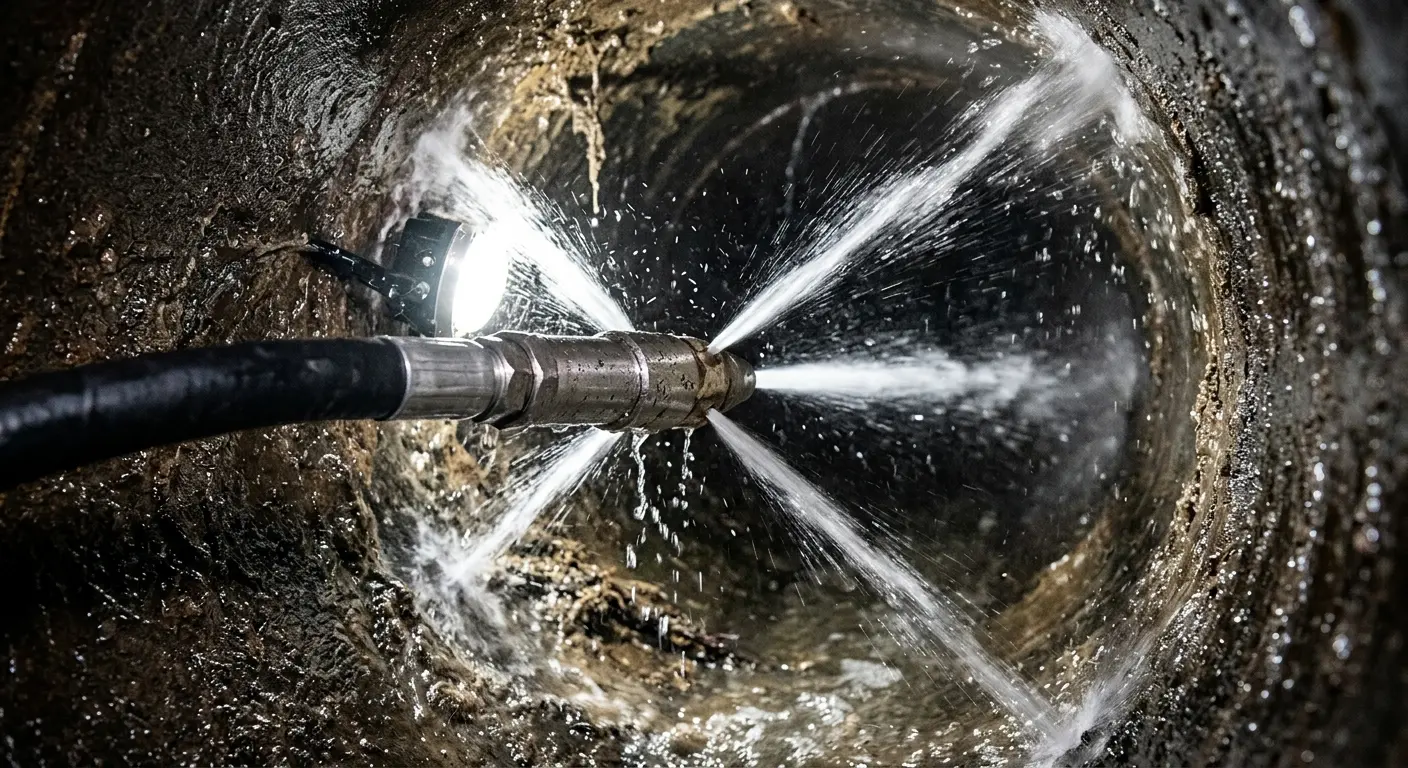 High-pressure hydro jetting nozzle cleaning sewer pipe for Sewer Cleanout in Hiawatha