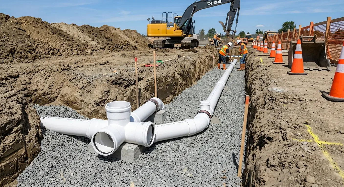New PVC sewer pipe installation in open trench for Commercial Drain Cleaning in Hiawatha