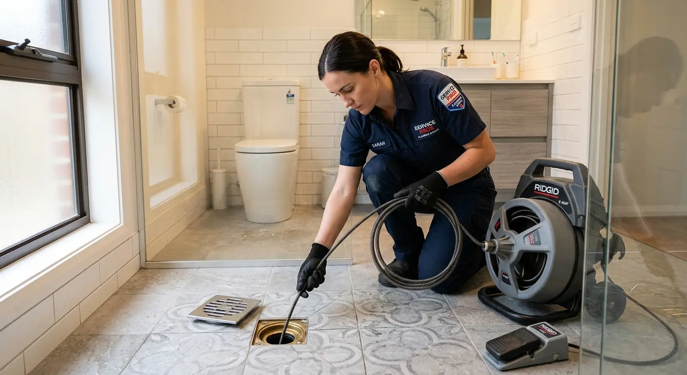 Technician clearing a bathroom floor drain for Clogged Drain Repair in Hiawatha